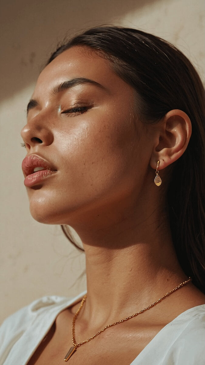 Model with long brown hair and sunkissed skin leans against a wall, bathed in sunlight.