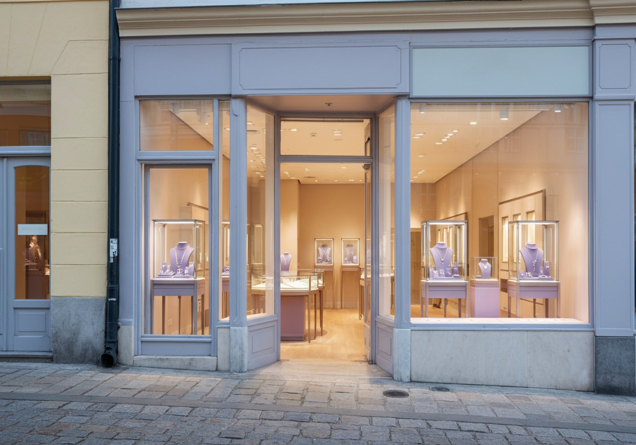 A jewelry storefront on a Copenhagen street, bathed in a warm glow.