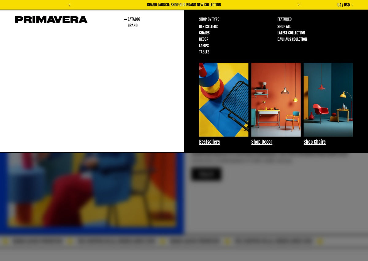 Primavera Composition mega menu with image blocks, a bold Brutalist colorful furniture store.
