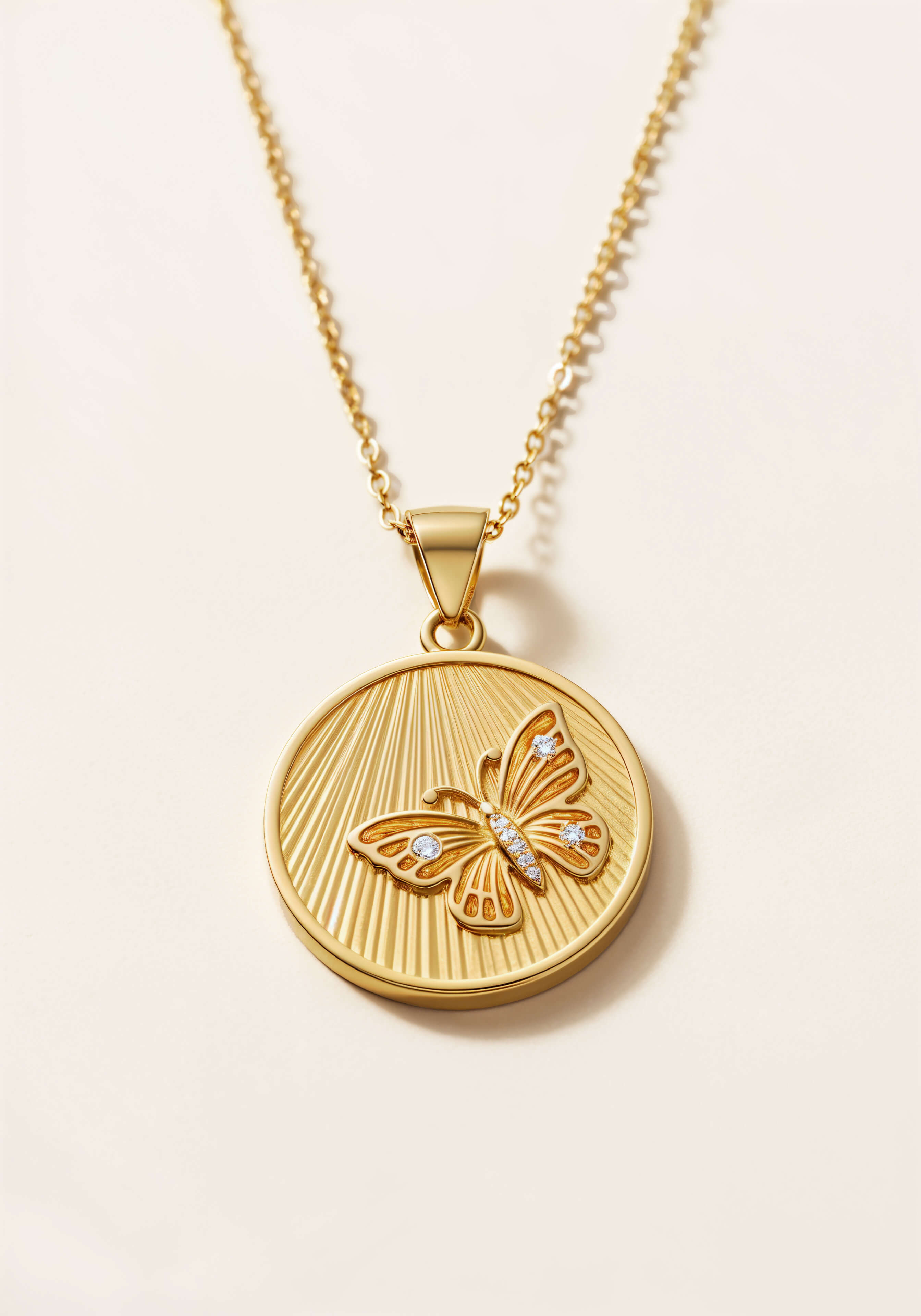 A gold chain with a thick gold medallion pendant engraved a butterfly. White diamonds are on the butterfly body and wings.