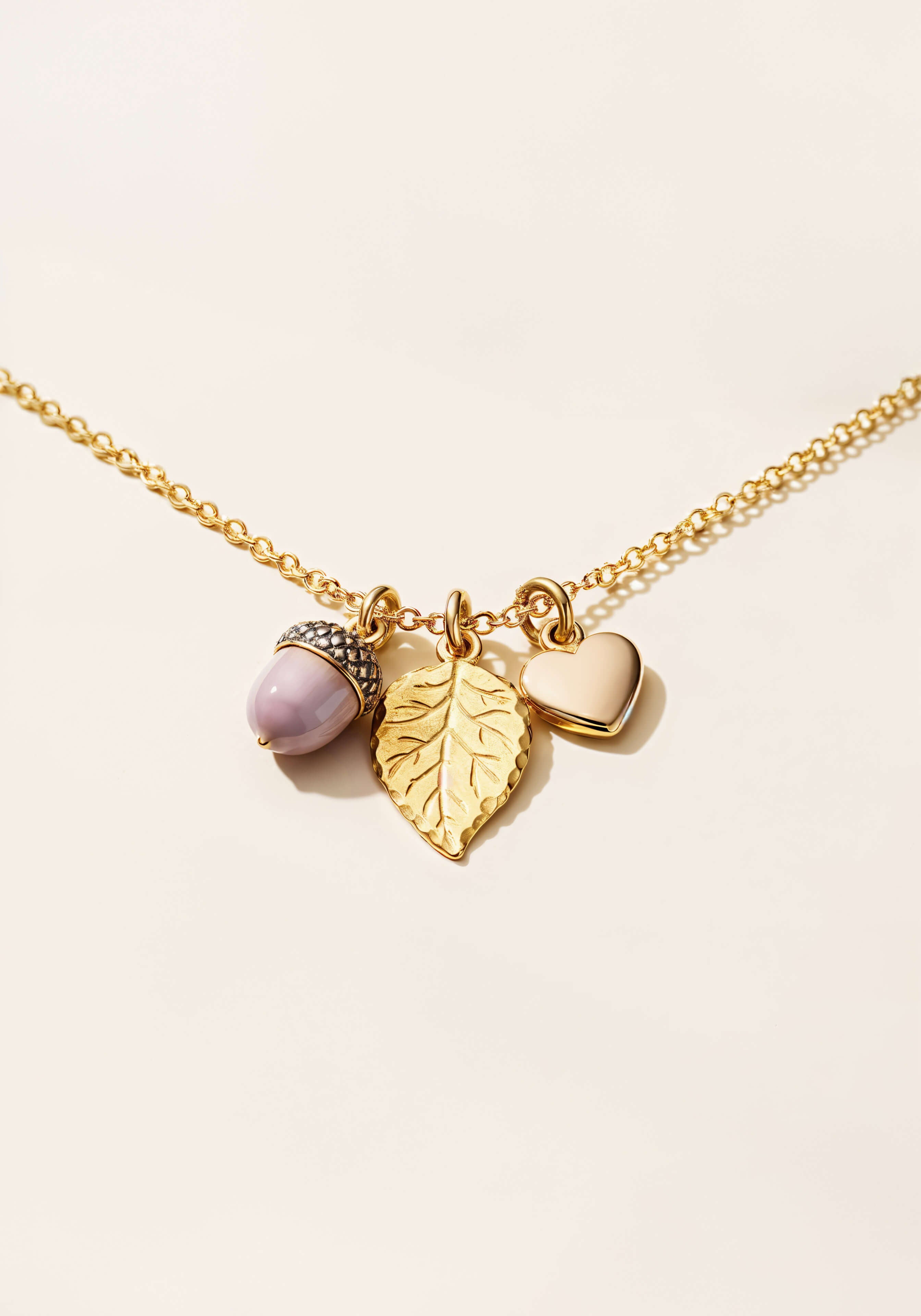 A gold charm necklacve with three charms, a polished acorn, a gold leaf, and a gold heart.
