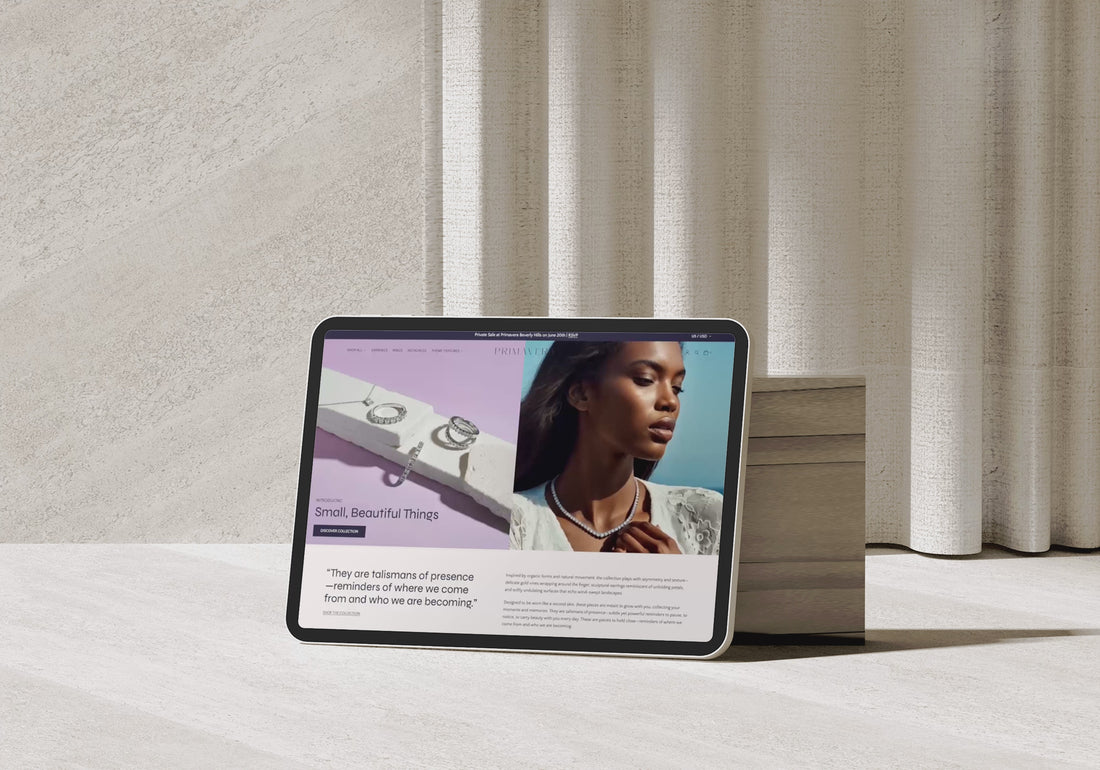 An ipad scrolls through the Primavera Precision preset, an elegant luxury demo store for jewelry.