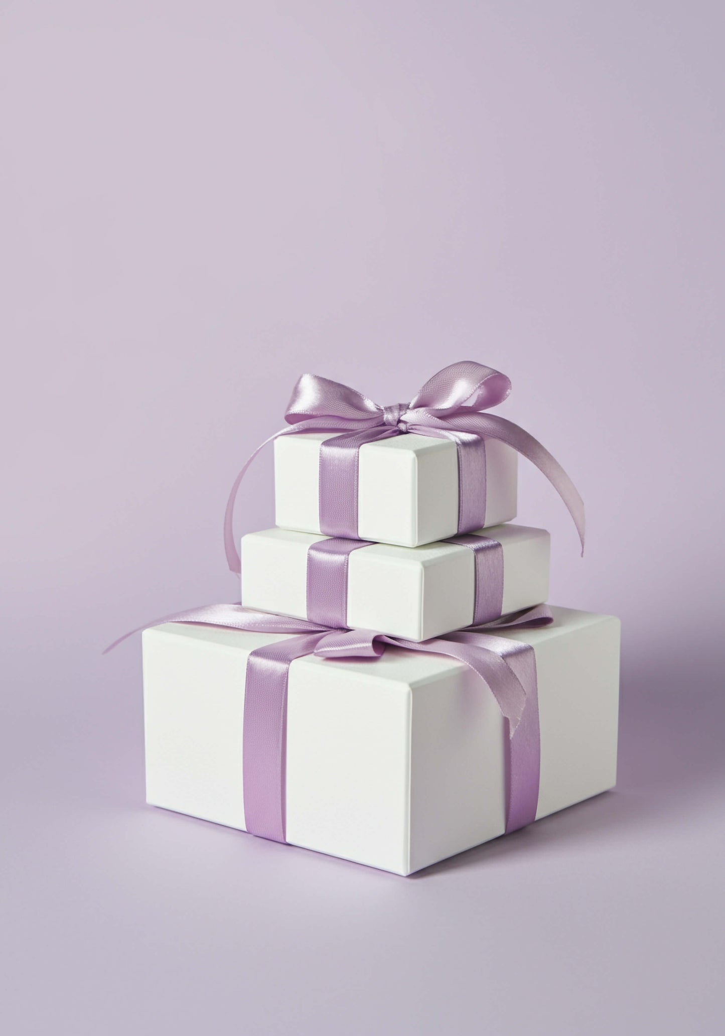 Beautifully wrapped white jewelry boxes with purple ribbons.
