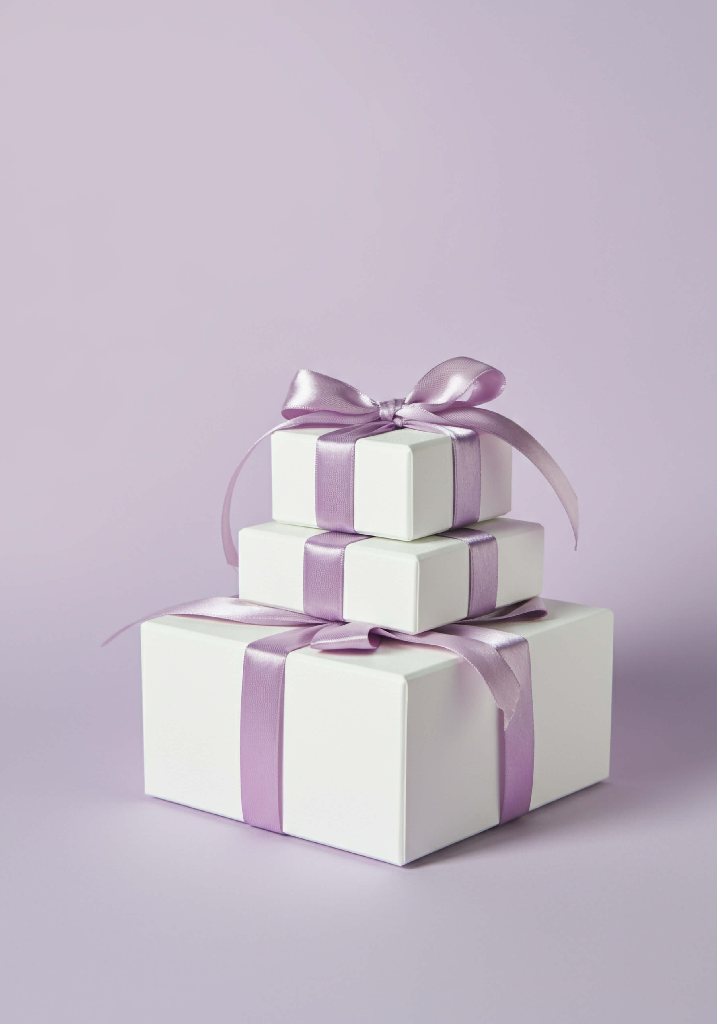 Beautifully wrapped white jewelry boxes with purple ribbons.